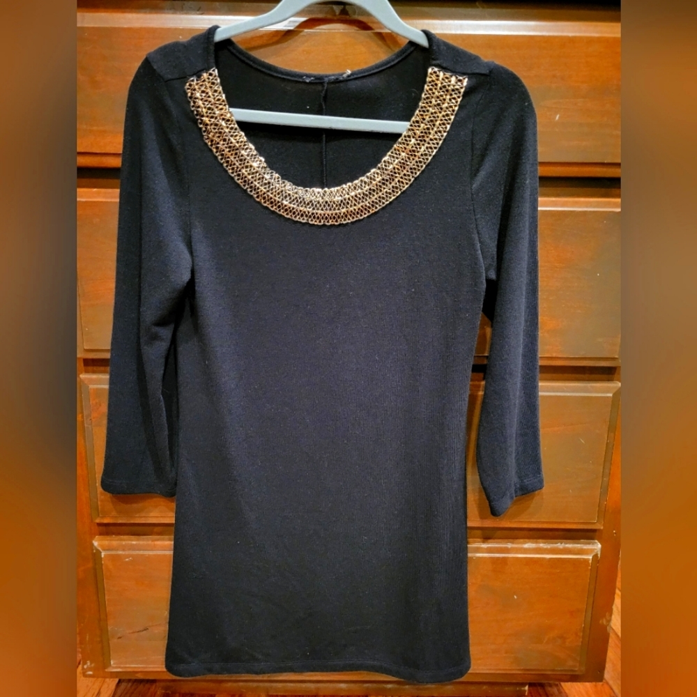 Black w/ gold gold chain neckline. No tags, except one shown.